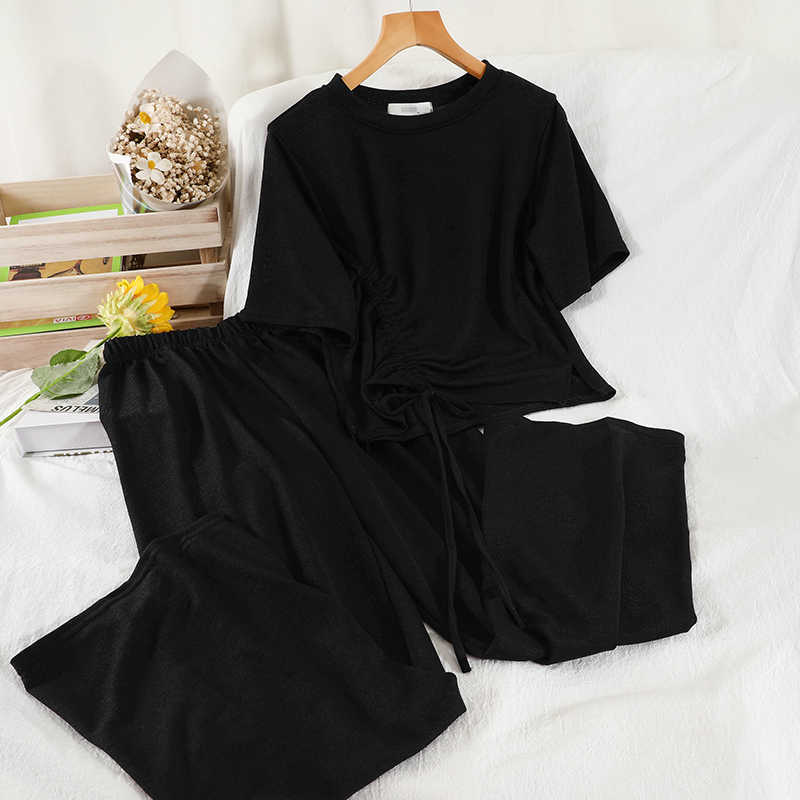 DEAT Women Drawstring Round Neck T-shirt Long Pants Arrivals Two Piece Set Temperament Fashion Spring Summer 11D839 210709