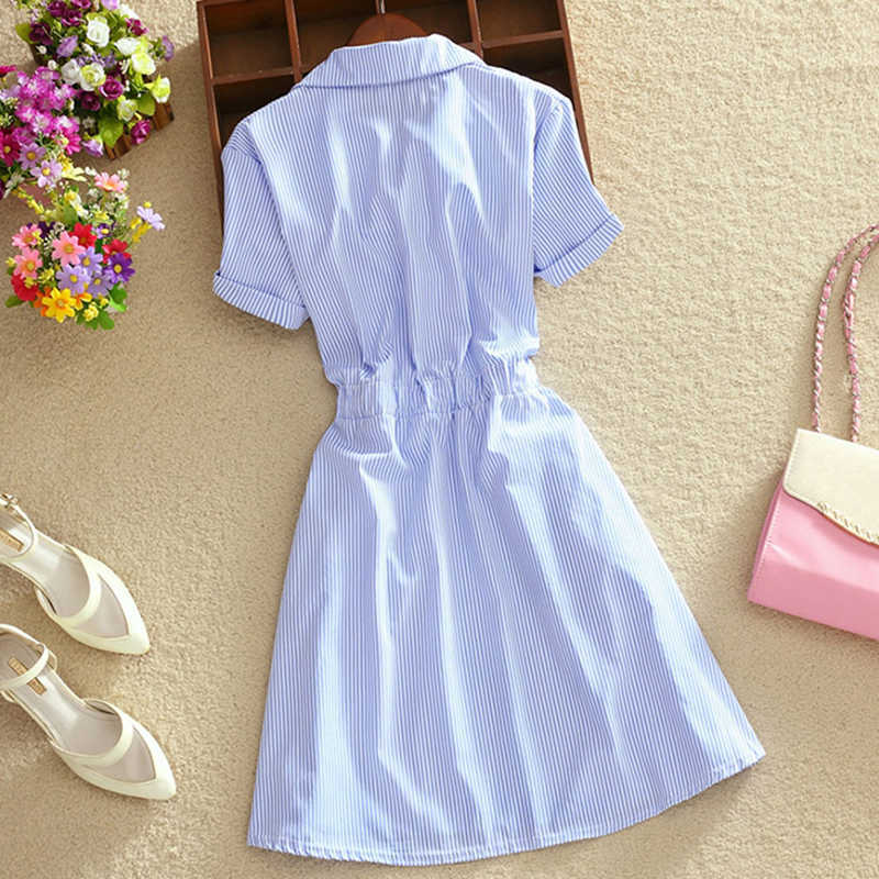 Summer Women Dress Office Ladies Dress Shirt Elegant Blue Stripped Turn Down Collar Mini Dress Short Sleeve HH66 210630
