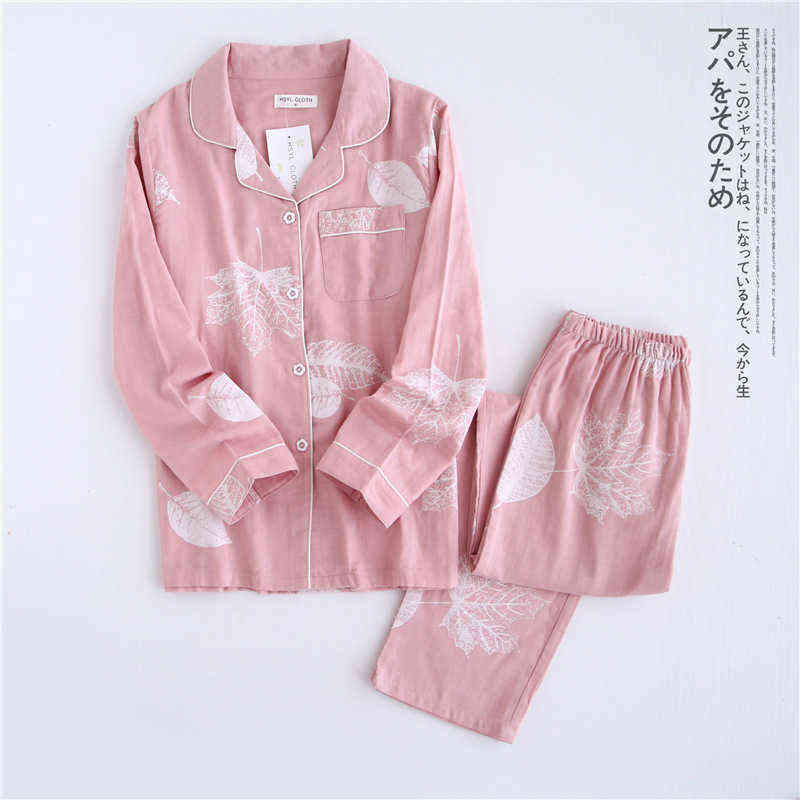 Fresh pajamas sets women 100% gauze cotton Japanese summer long sleeve casual sleepwear women simple cute bear pyjamas 211118