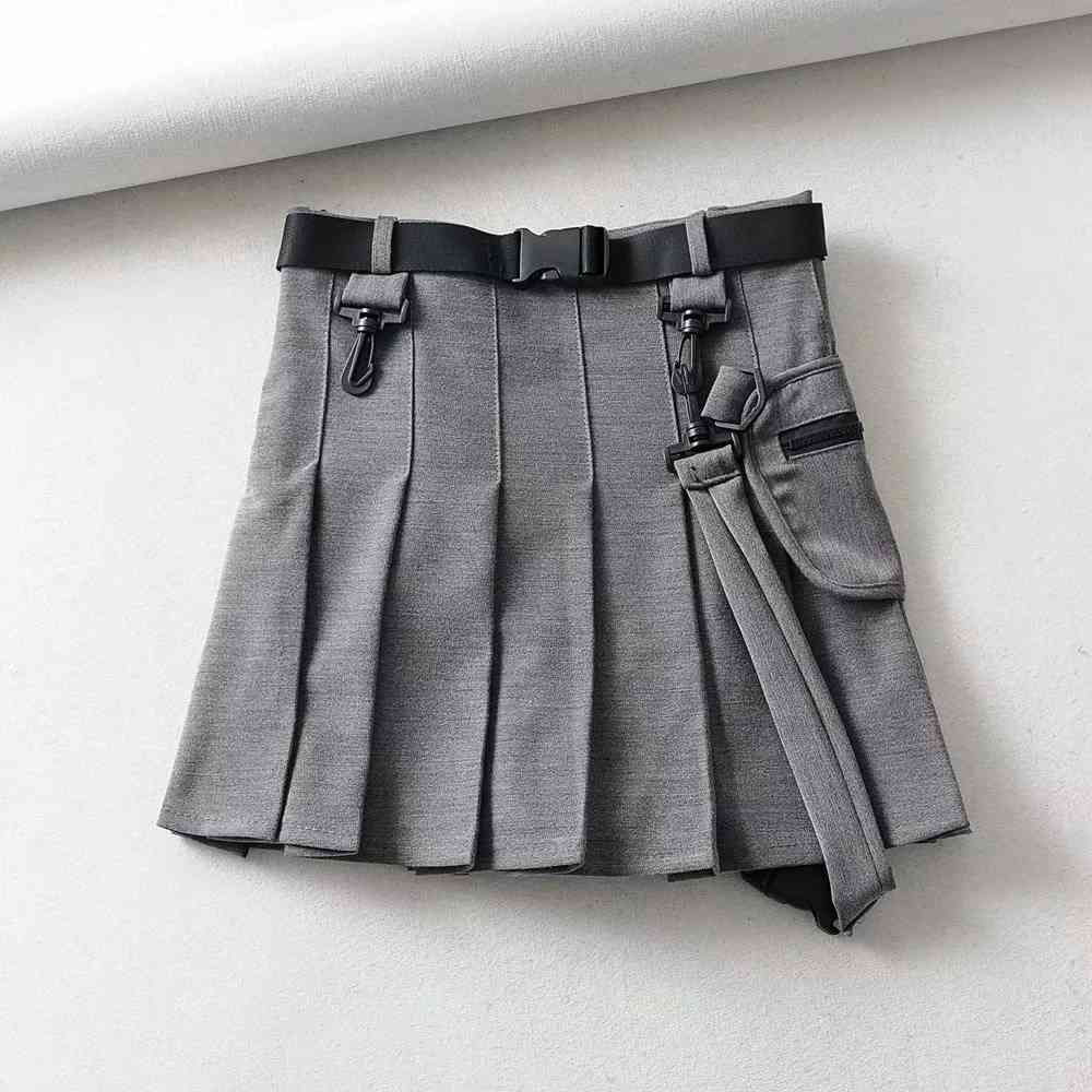 Vintage Belt black Pleated skirts womens pocket high waist Streetwear office mini korean faldas 210521