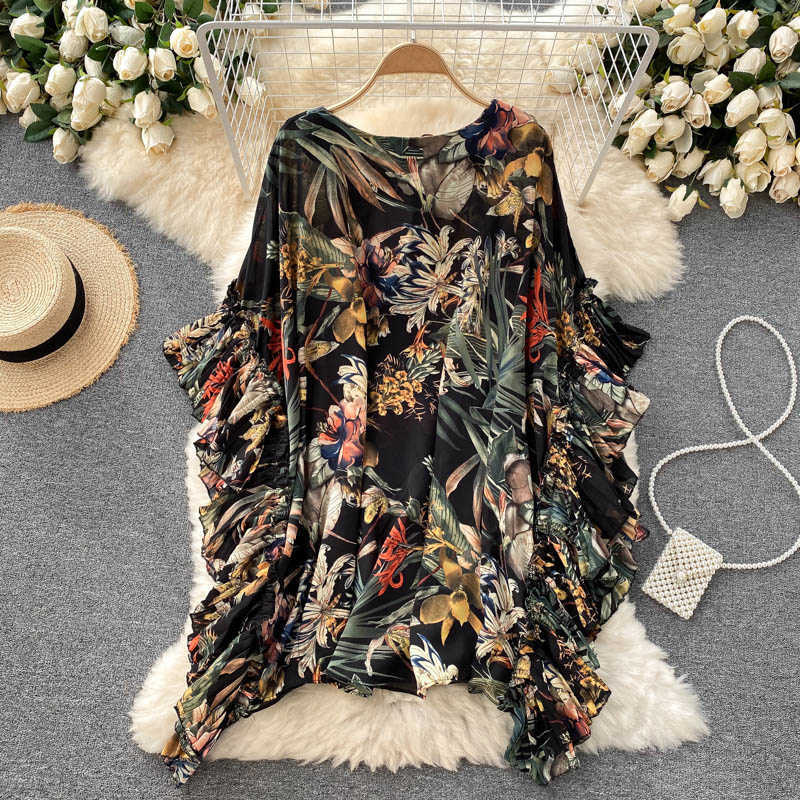 DEAT Women Loose Cloak Ruffles Dress Round Neck Short Sleeve Arrivals Lady Temperament Fashion Spring Summer 11D1546 210709