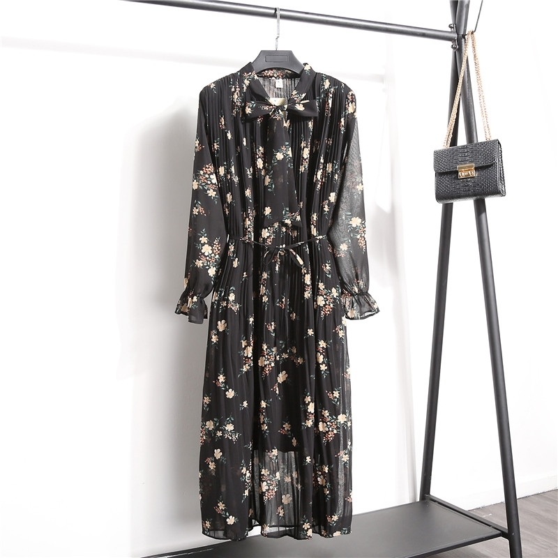 Korean Fashion Women Long Sleeved Print Pleated Dress Vintage Elegant Clothes Spring Lady Chiffon Floral 8538 50 210508