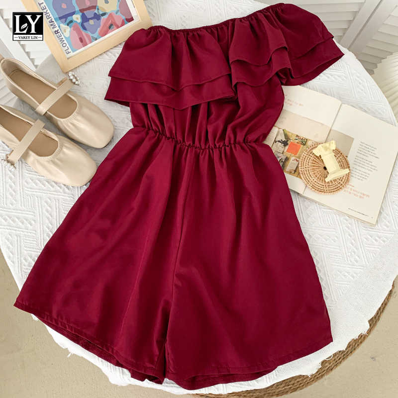 LY VAREY LIN Summer Women Fashion Solid Color High Waist Wide Leg Shorts Casual Oblique Shoulder Ruffles Jumpsuits 210526