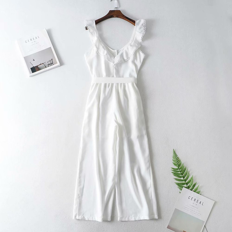 Sweet Women White V Neck Ruffles Jumpsuits Summer Fashion Ladies Sashes Rompers Female Beach Holiday 210515