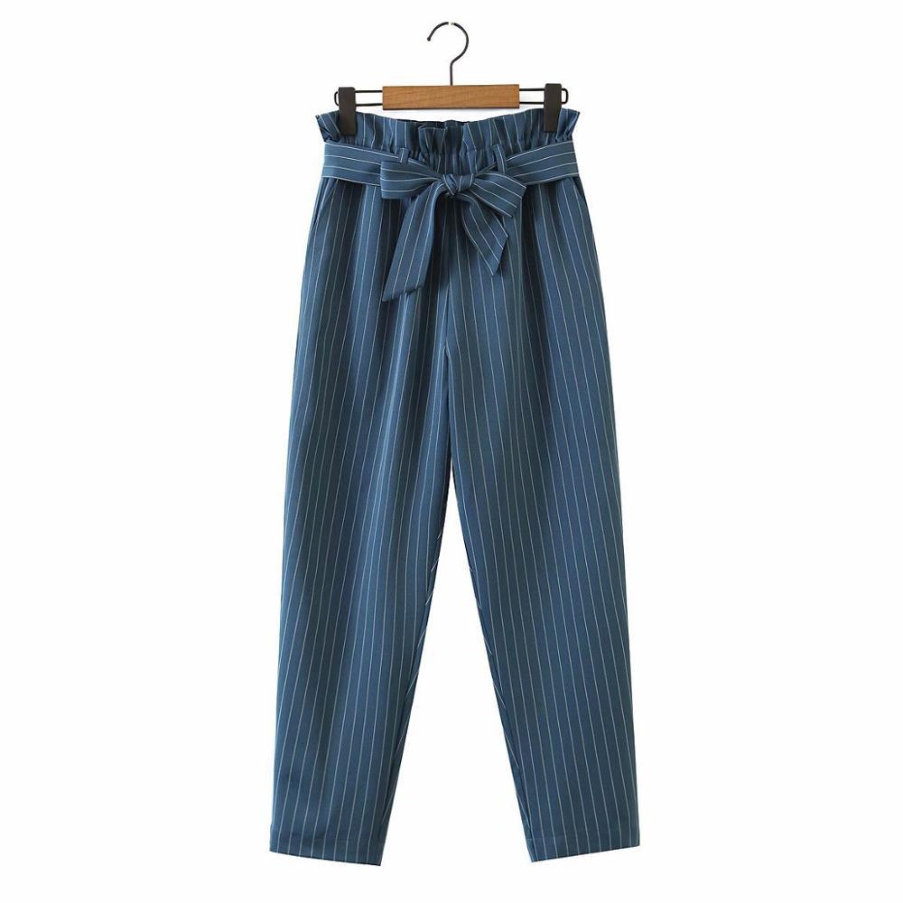 CHIC Double-breasted Button Women Striped Blazer Blue Elastic High Waist Harem Pants Long Sleeve Suits Set 2 pieces set 210429
