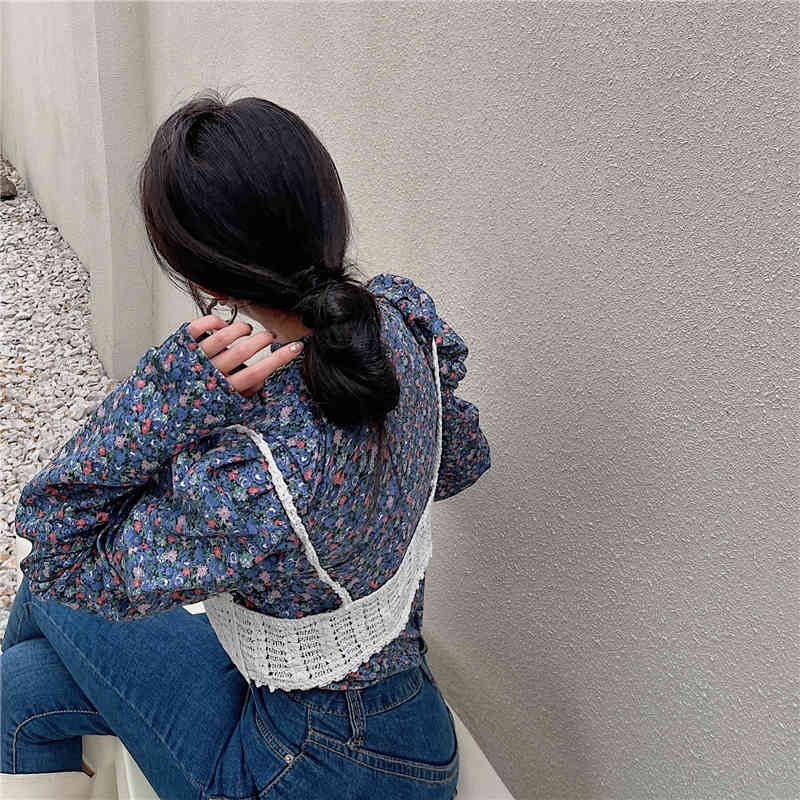 Nomikuma Spring New Women Two Piece Sets Vintage Stand Neck Puff Sleeve Pullover Blusas + Hook Hollow-out Sling Vest 6D915 210427