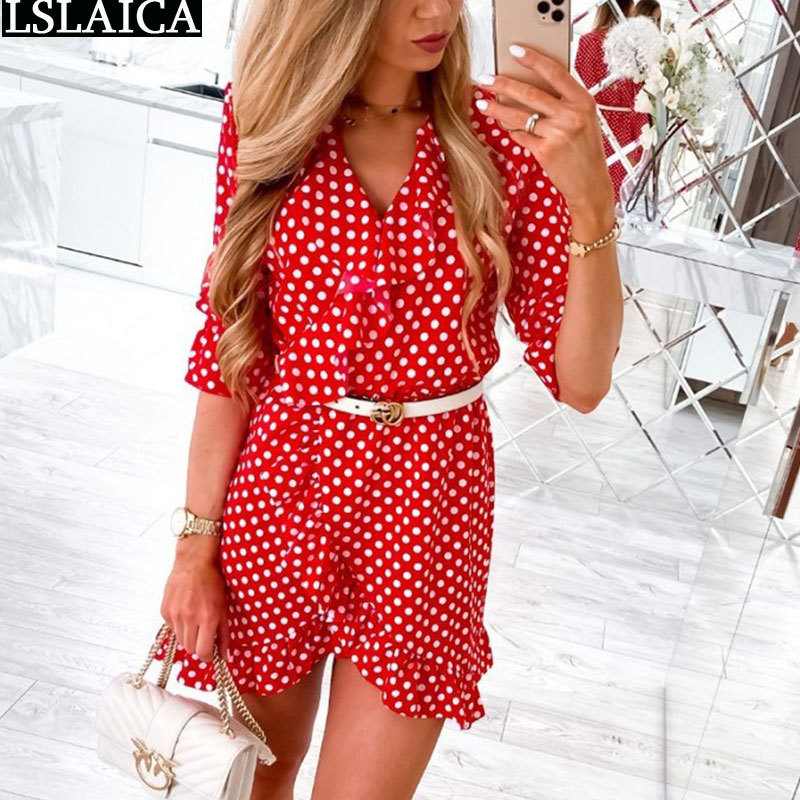 Woman Dress Summer Fashion Polka Dot Print Ruffle Half Sleeve V Neck High Waist Irregular Mini Casual Streetwear Vestido 210515