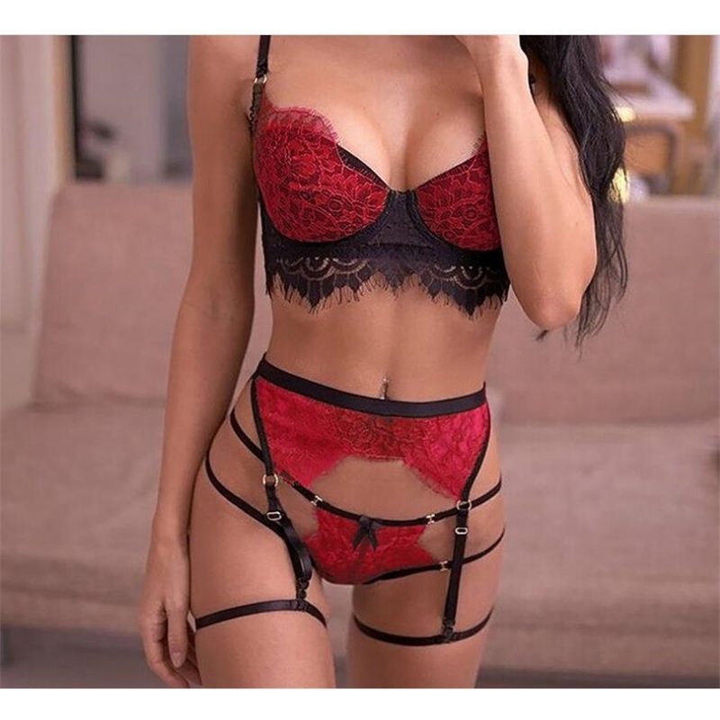 2019 splicing sexy three piece lace underwear set, Red
