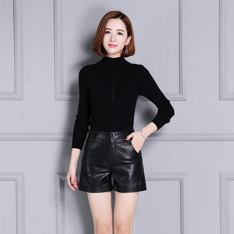 Real Leather Casual Streetwear High Waist Black Female Shorts Straight Punk Korean Fashion Sheepskin OL Plus Size 4XL Trousers Women's