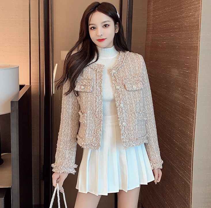Women Elegant Tweed Outerwear Spring Round Neck Single Breasted Blends Wool Female Long Sleeve Jacket Coat 210519