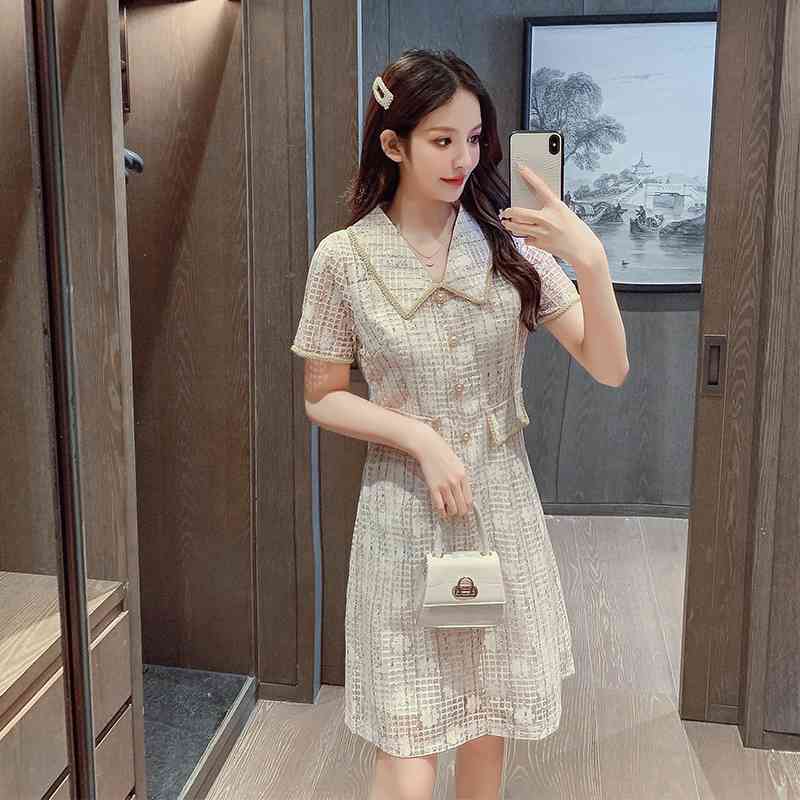Fashion Women Summer Dress Female Short Sleeve Vintage Lace Hollow Out Peter Pan Collar Sweet Dresses Vestidos 210520