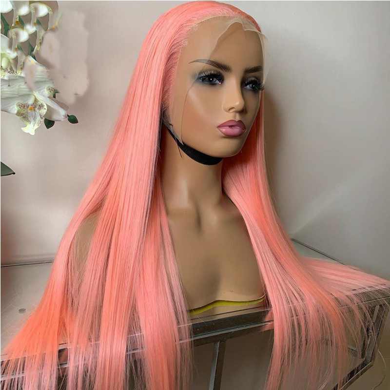 Free shipping 180%Density Soft Long Straight Brazilian Pink Color Wigs Glueless Synthetic Lace Front Wig For Black Women With Baby Hair Cosplay/Party