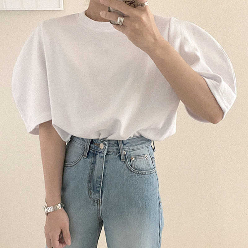 Korejpaa Women T-shirt Korea Summer Simple Basic Round Neck Loose & Versatile Casual Solid Color Bubble Sleeve White Tee Top 210526