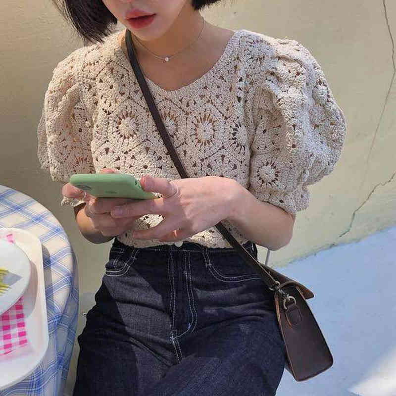 Streetwear Summer Tops Women Floral Puff Sleeve Shirt Female Hollow Out White Pullover Lace Blouse Blusas 9684 210508