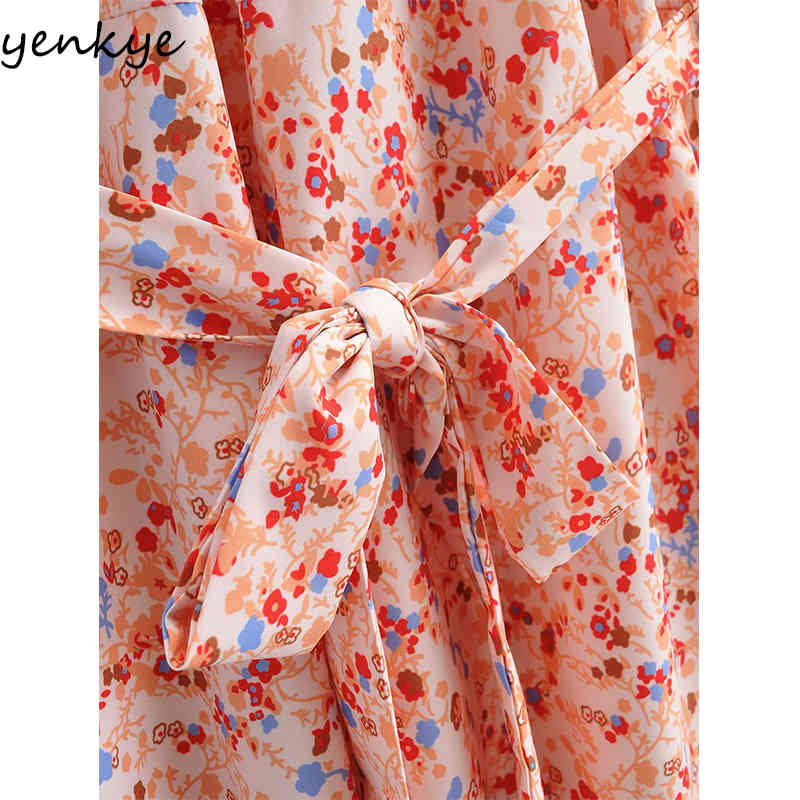 YENKYE Floral Print Halter Dress Women Sleeveless Free Belt Holiday Summer Beach Dress Female A-line Midi Casual Vestido 210515