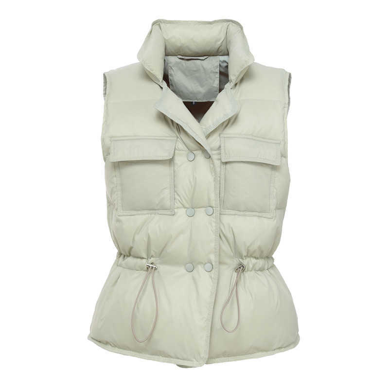 LY VAREY LIN Down Coats Vest Women Winter Pockets Drawstring Stand Collar Sleeveless Double Breasted Loose Short 210526