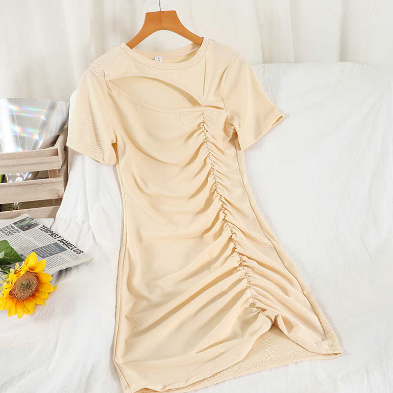 DEAT Women Slim O-neck Dress Fashion Spring Summer Ladies Hollow Out Short Sleeve Dress HR370 210709