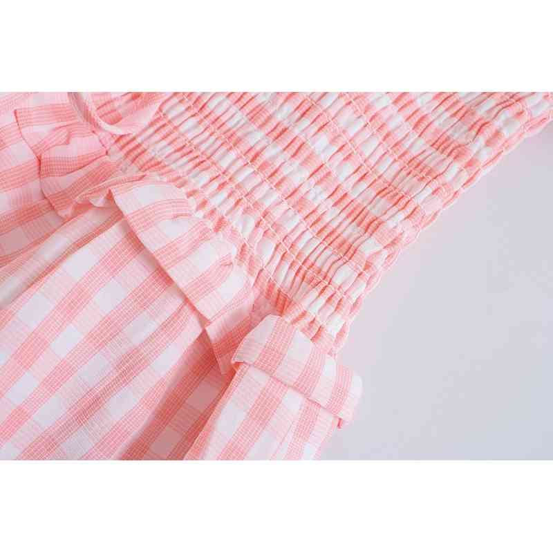 Holiday Style Puff Sleeve Dress Summer Pink Plaid Ruffle Belt Loose Mid-Length Vestido Female Elastic Fashion 210508