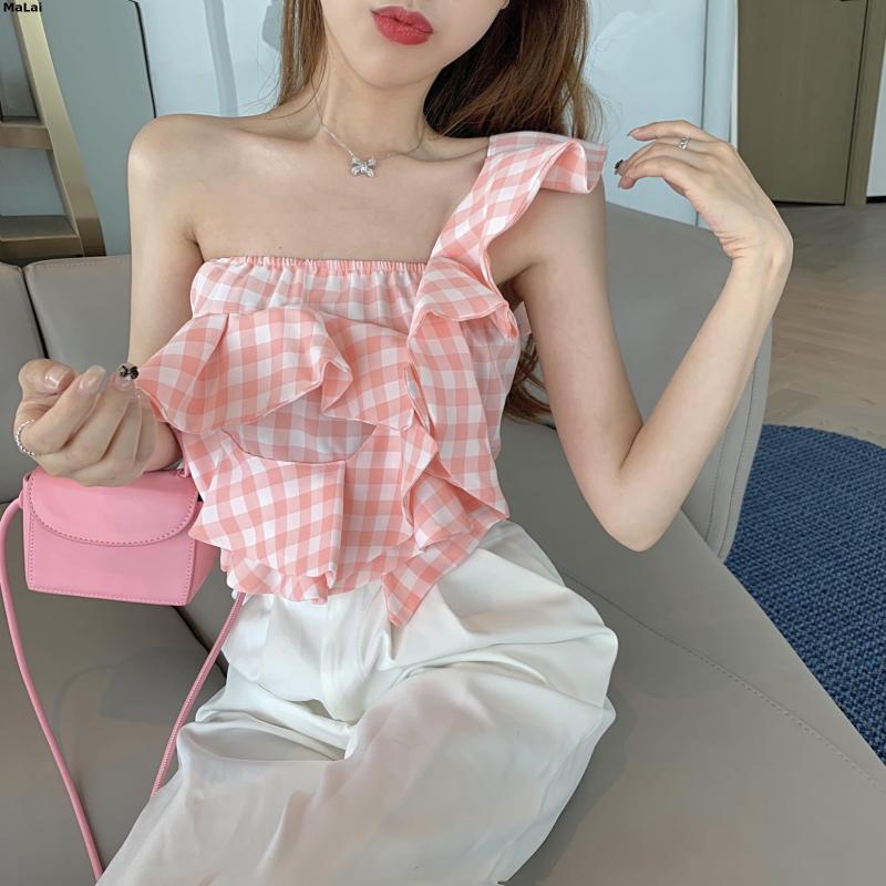 Women's Blouses & Shirts Korea Women Summer Sexy Sleeveless Tops Plaid Shirt Female Ruffles One Shoulder Blouse Pink Party Classy Fashion, White
Women's Blouses & Shirts Korea Women Summer Sexy Sleeveless Tops Plaid Shirt Female Ruffles One Shoulder Blouse Pink Party Classy Fashion, White