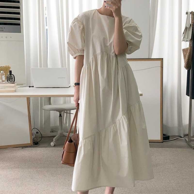 VANOVICH Korean Chic Summer Solid Color Loose Lotus Leaf Side Short Sleeve Dress Temperamental Long Women 210615Z