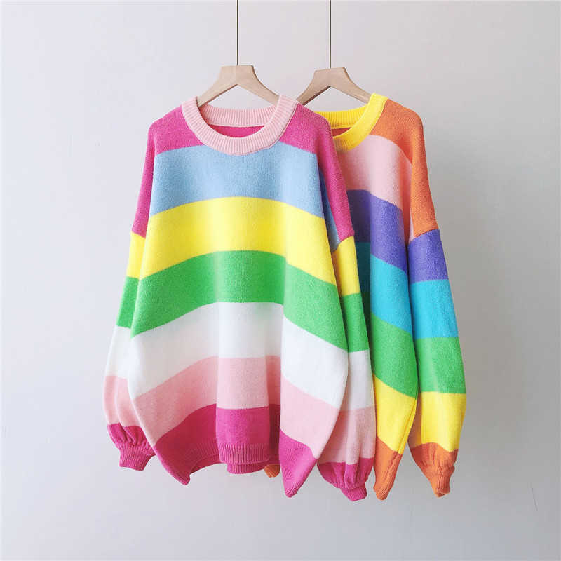 H.SA Women Winter Long Sweaters Casual Striped Rainbow Pull Sweaters Oneck Chic Streetwear Korean Oversized Pullover Roupa 210716