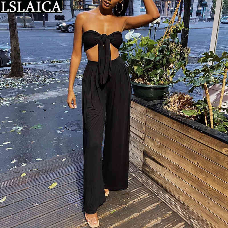 Sexy 2 Piece Set Women Solid Sleeveless Strapless Wide Leg Pants Sets Fashion Female Outfits Clubwear Casual Conjuntos De Mujer 210515