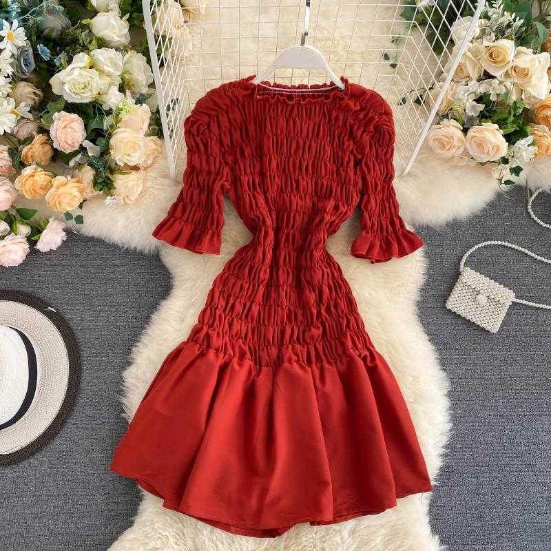 Fashion Women Fold Elastic Waist Slim Dress Korean Ladies Summer Short Sleeve O Neck High Solid A Line Dresses 210602
Fashion Women Fold Elastic Waist Slim Dress Korean Ladies Summer Short Sleeve O Neck High Solid A Line Dresses 210602