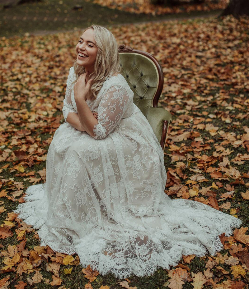 Lace Wedding Dresses Boho Bridal Gowns Plus Size V-Neck Backless 3/4 Long Sleeve Bohemian Bride Dress SImple Vestidos De Novia