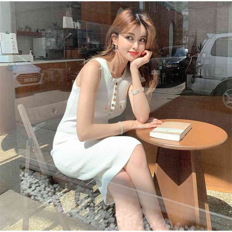 Women white Button O Neck Sheath Stretchy Knit Dress Vestidoes Woman sleeveless Slim Dresses 210519