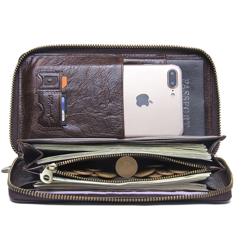 Wallet Genuine Leather Men Clutch Brand Male Card Holder Long Zipper Around Travel Purse With Passport Holder 6.5" Phone Case