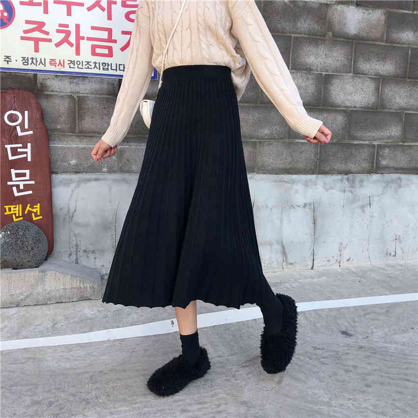 Nomikuma High Waist Women Sweater Skirts Causal Solid Korean Pleated A-line Skirt Autumn Winter Mujer Faldas New 6D292 210427