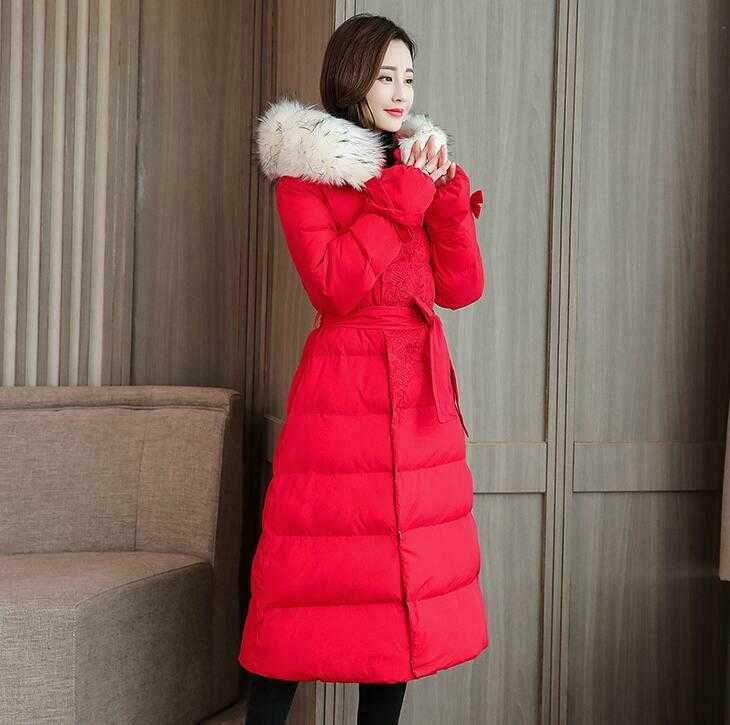 Women's flower trim down jacket winter coat fur collar hood pure cotton overcoat jumper DXM-006 210820