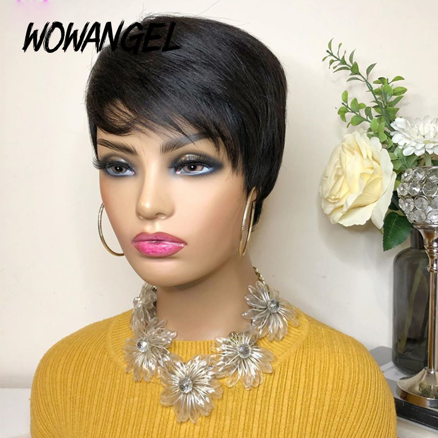 Brazilian Straight Short Human Hair Wigs With Bangs Bob Virgin Pixie Cut Wig For Black Women Daily Cosplay