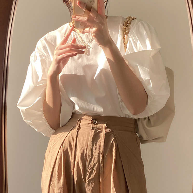 Korejpaa Women Shirt Summer Korea Chic Gentle Milk Soft Round Neck Loose All-Match Solid Color Casual Lantern Sleeve Blouse 210526