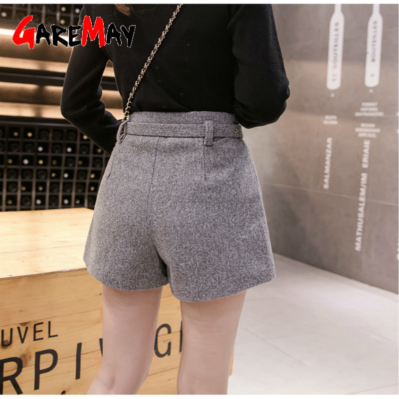 Autumn Winter Women Wide Leg Woolen Shorts High Waist Outerwear Warm Casual with Belt A-line 210428