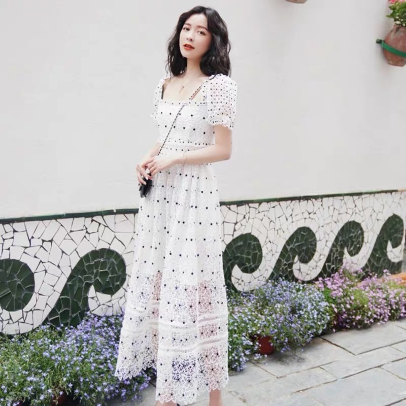 vintage victorian white polka dot A-line square collar retro midi dress women party daily robe dresses fashion chic 210421