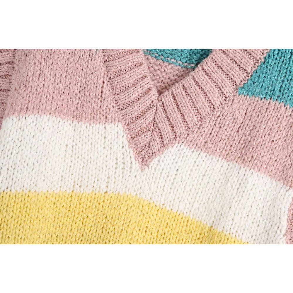 Fall Winter Women Knit Sweater Vest V-Neck Sleeveless Casual Fashion Striped Woman Sweaters Pullovers Tops 210709