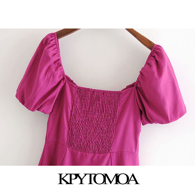 Women Chic Fashion With Buttons Linen Midi Dress V Neck Puff Sleeve Back Elastic Female Dresses Vestidos 210420