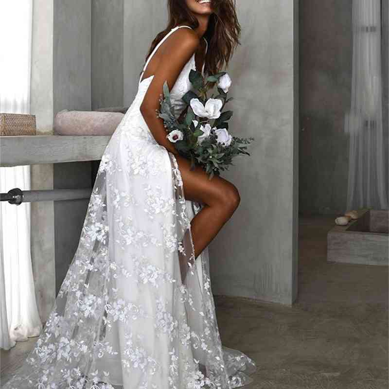 Women Dress V-neck Sleeveless Sling es Split Lace es Plus Size White Bohemian Summer Clothes 210524