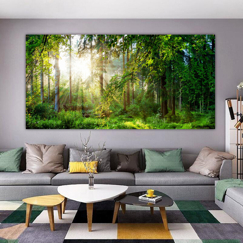 Green Tree Painting on Canvas Landscape Posters and Prints Wall Art for Living Room HD Pictures Big Size Sunshine Home Decor