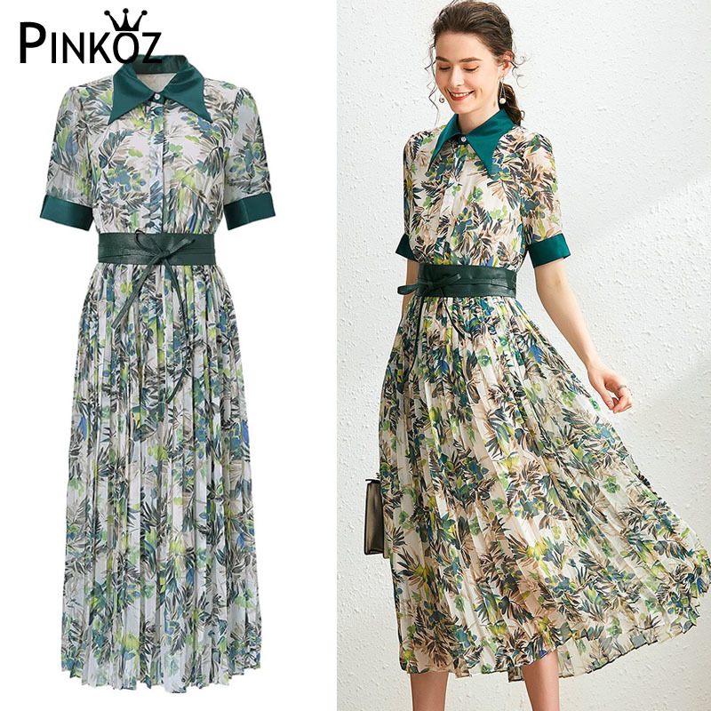 Pleated Dress Summer Women Turn Down Collar Patchwork Printed Short Sleeved Slim Belted Elegant Dresses Casual z 210421