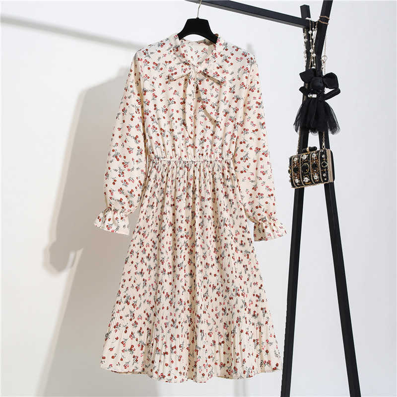 Women Casual Autumn Winter Dress Long Sleeve Bow Collar Lady Korean Style Vintage Floral Printed Chiffon Shirt Long Dresses 210630