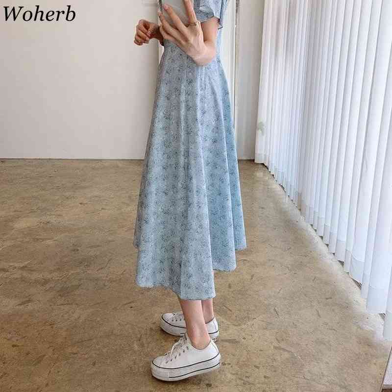Summer Floral Print Korean Chic Style Peter Pan Collar Short Sleeve Ladies Dress Casual Long All Match Vestidos 210519