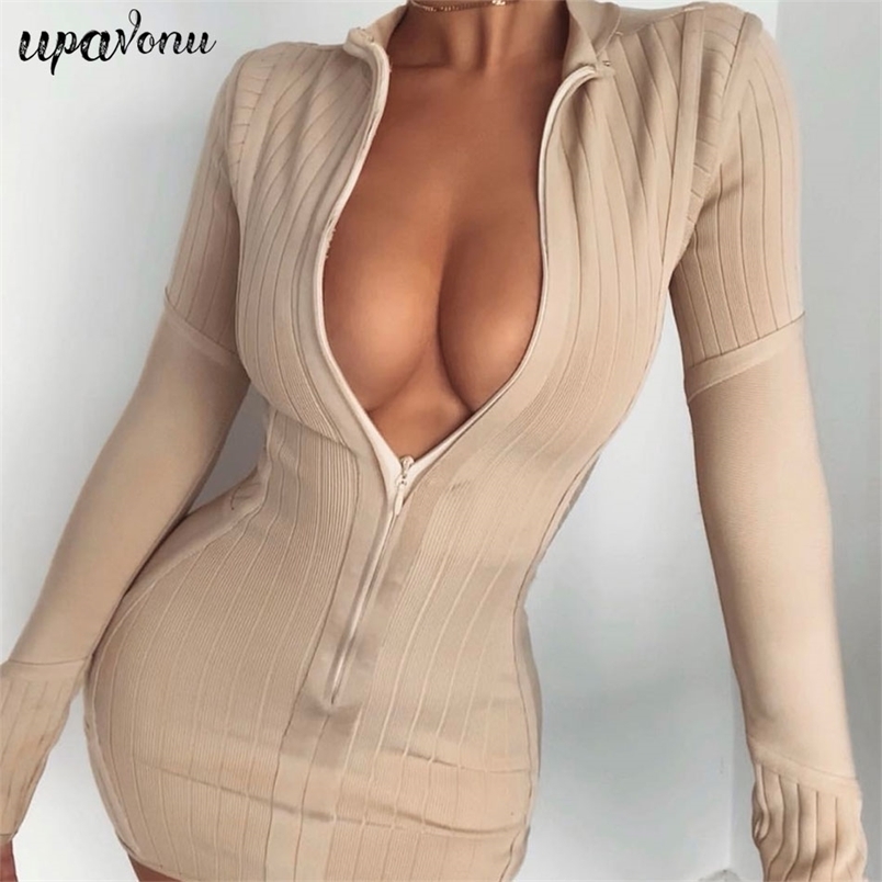 Free Women Bandage Dress Autumn Sexy Front Zipper Long Sleeve Bodycon Club Nightclub Party Vestido 210524