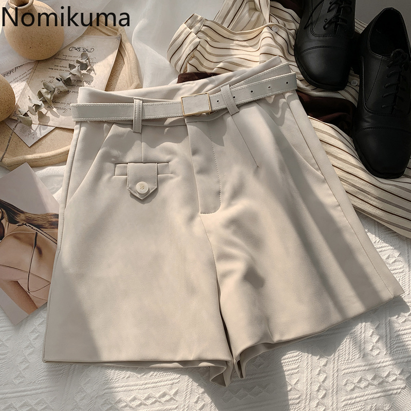 Nomikuma Elegant Causal Women Shorts Korean Belt High Waist Wide Leg Short Spring New Femme Bottoms Mujer 6E867 210427