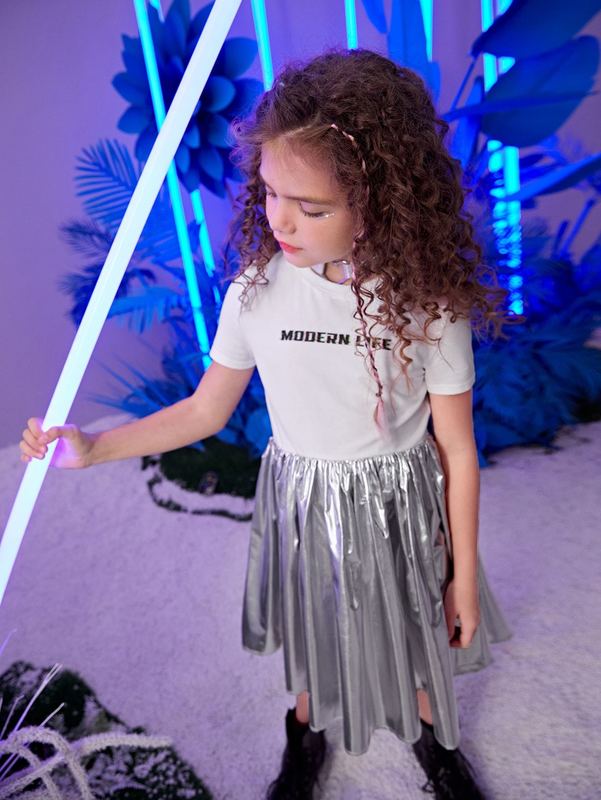 Girls Slogan Graphic Metallic Dress SHE