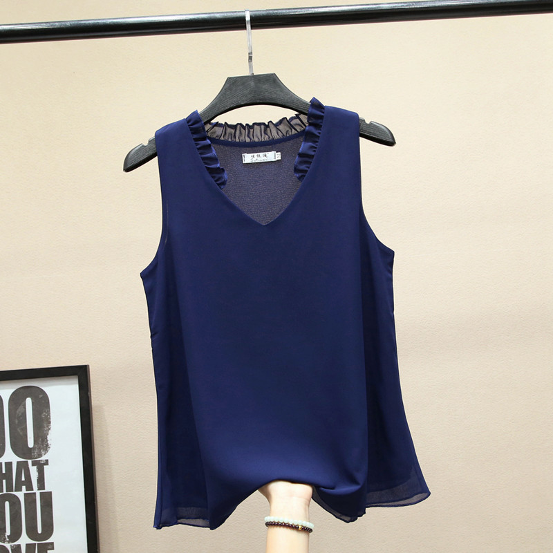 Summer Sexy Ruffle V-neck Chiffon Blouse Women Casual Solid Sleeveless Shirt Lady Plus Size Blusas Modis Tops 210519