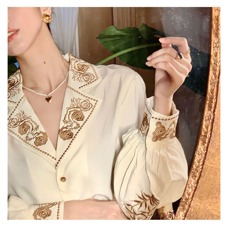 Vintage Floral Embroidery Blusas Mujer Elegant Women Blouses and Tops Autumn Short Ladies Shirts Chemisier Femme 210519