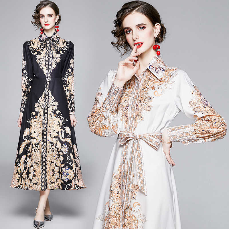 Court Style Autumn Vintage Women Long Sleeve Turn-down Collar Party Dress Elegant Slim Female Print Shirt Dresses Vestidos 210525