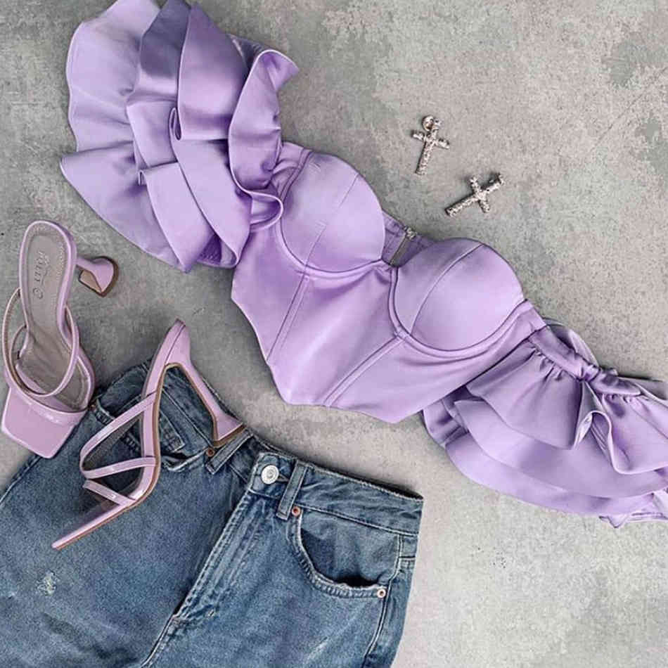 Free Chic Women's Purple Crop Top Sexy V-neck Card Shoulder Ruffle Sleeve Halter Cropped 210524